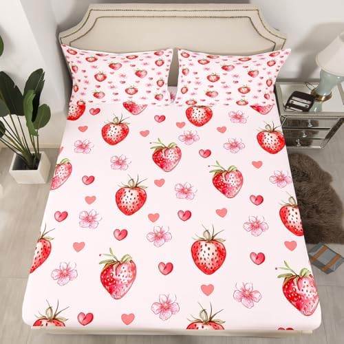 Jejeloiu Strawberry Bed Sheet Set King Size Kawaii