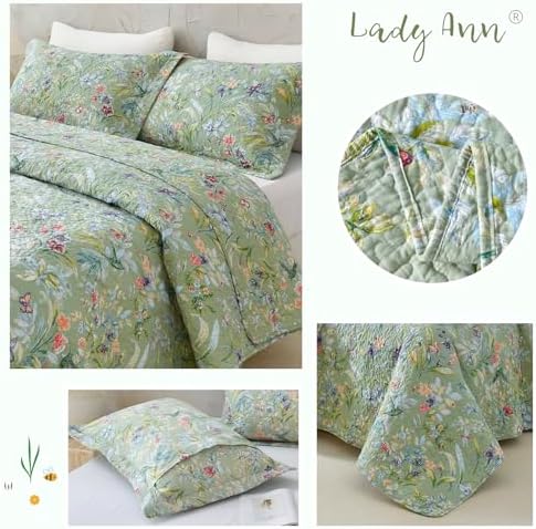 Lady Ann Green Floral 100 Cotton King Quilt Set
