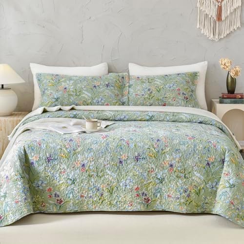 Lady Ann Green Floral 100 Cotton King Quilt Set