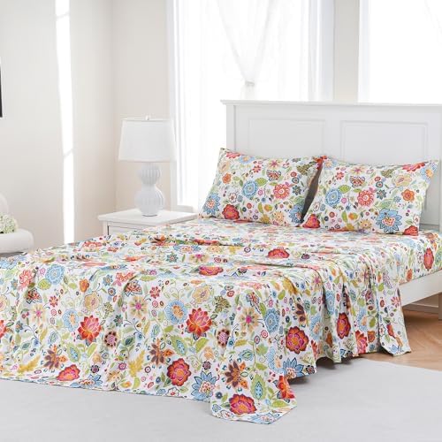 MEISHANG Queen Sheet Set - Floral Deep Pocket Ultra Soft Microfiber