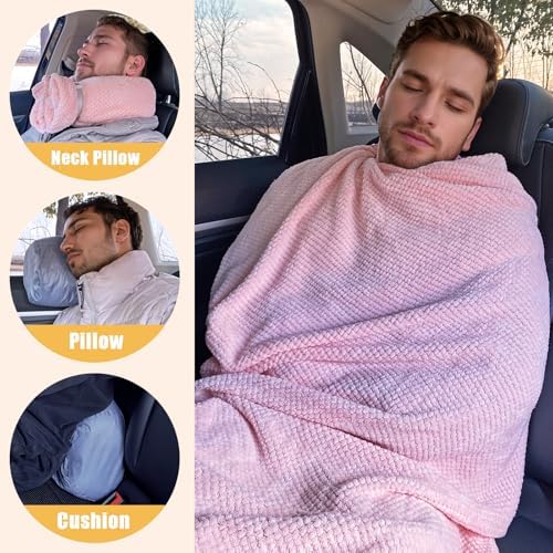 INNEWSHOMI Travel Blanket with Pillow Pink