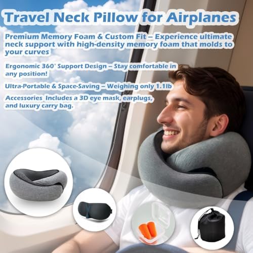 Travel Neck Pillow with 360 Support and Velcro Adjustment