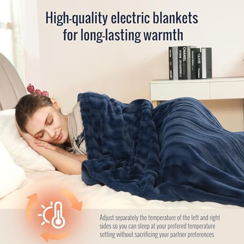 YAKEE Electric Heated Blanket 72x84 Navy Faux Fur 1