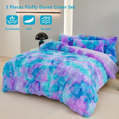 SUCSES Fluffy Twin Bedding Set 3Pcs Tie Dye Faux Fur Duvet Cover
