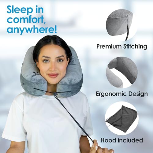 FlyBuddy Inflatable Neck Pillow for Traveling with Travel Bag and Hood - Grey