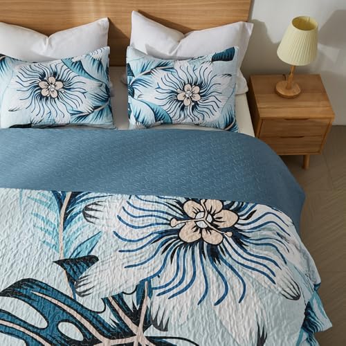 Yogeneg Light Blue Botanical King Quilt Set 3 Piece