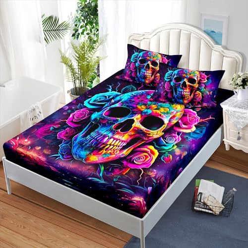 AILONEN Skull Print Fitted Sheet Set Twin XL