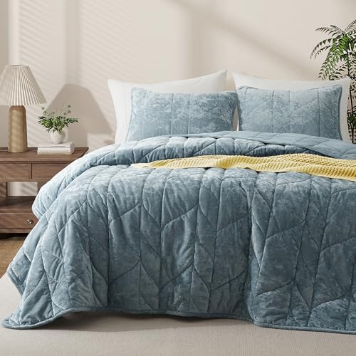 Oli Anderson Velvet Quilt Set Queen Size - Ash Blue 3PCS