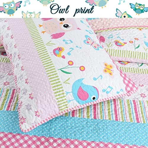 Happy Owl Pink Reversible Quilt Bedding Set Twin 2 Piece