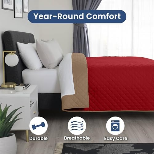 Martex Reversible Coverlet Full Queen Bedding KhakiRed