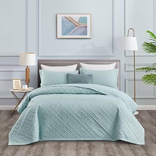CHIXIN Queen Quilt Set - Geometric Seaglass Pattern Ultrasonic Quilting Reversible 4 Piece