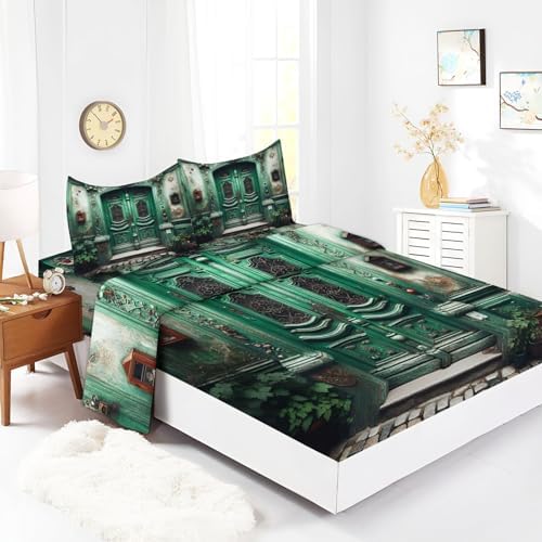 Full Fitted Sheet Set - Green Retro European Style 4 Piece