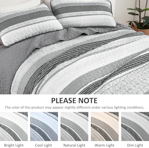 Djoymock Grey Striped Quilt Set 3 Piece Queen Size