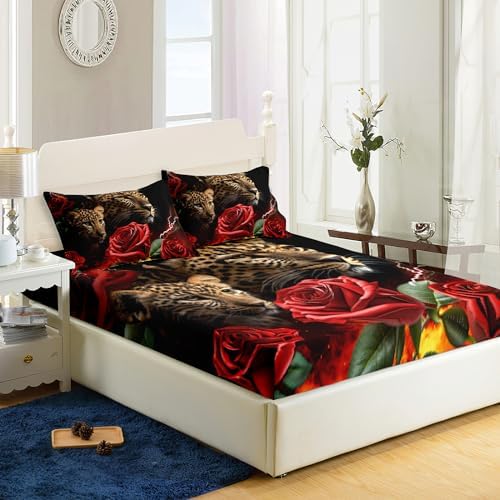 AILONEN Leopard Fitted Sheet Twin XL Set 3D Oil Red Rose Pattern 3PCS