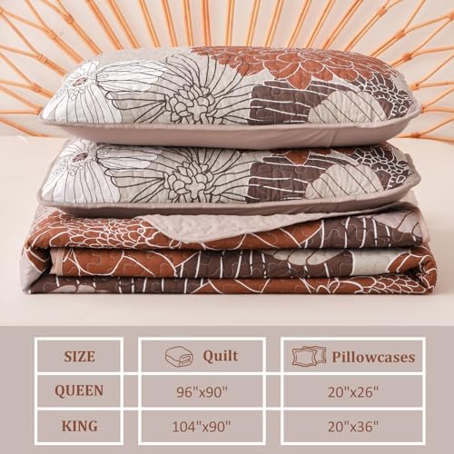 Anibedding King Quilt Set Brown Floral Pattern 3 Piece 1