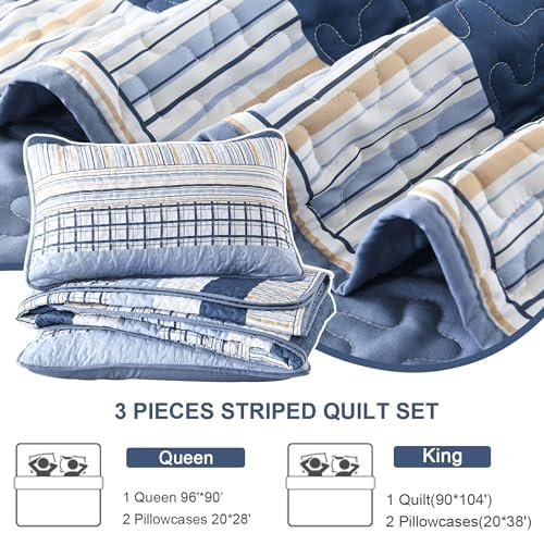 DJY Navy Blue Striped Quilt Set 3 Piece Queen Size