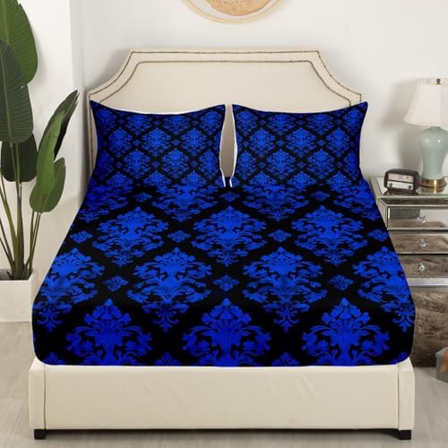 Erosebridal Blue Damask Gothic Bohemian Sheet Set