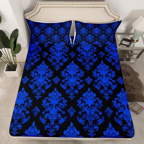 Erosebridal Blue Damask Gothic Bohemian Sheet Set