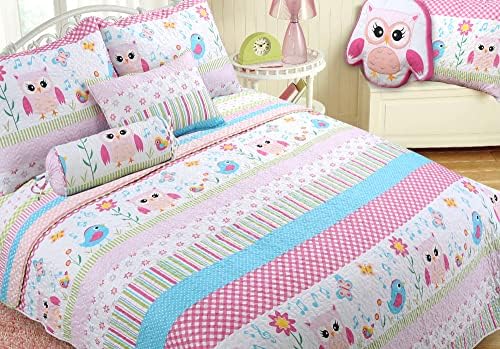 Happy Owl Pink Reversible Quilt Bedding Set Twin 2 Piece