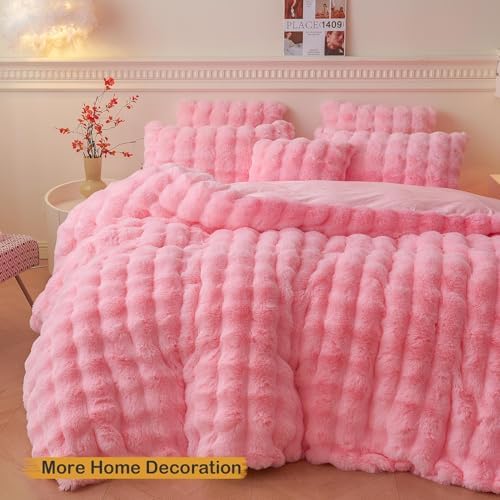 LIFEREVO Fluffy Faux Rabbit Fur Pillow Covers Pink 18x18