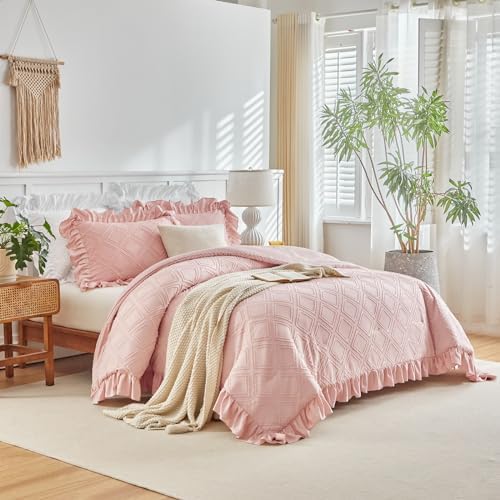 Flysheep Blush Pink Tufted Ruffle Comforter Set Twin Size