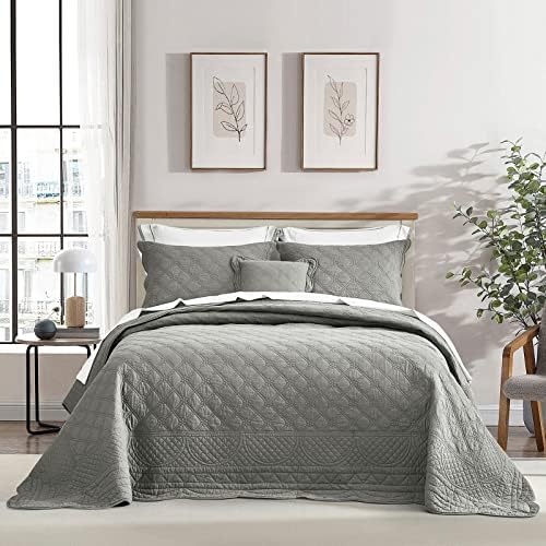 CHIXIN Oversized Cotton Bedspread - 3 Piece Set Grey King Size