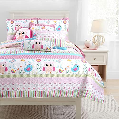 Happy Owl Pink Reversible Quilt Bedding Set Twin 2 Piece