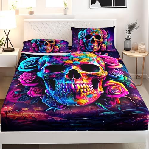 AILONEN Skull Print Fitted Sheet Set Twin XL