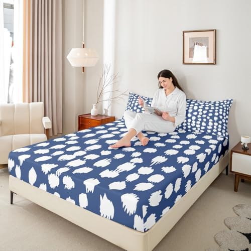 Erosebridal Navy Blue White Polka Dots King Sheet Set