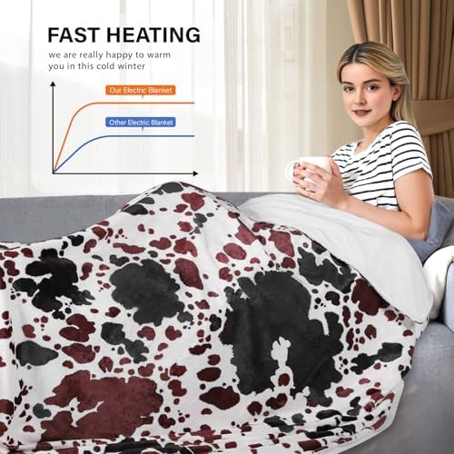 USB Cow Print Heated Throw Blanket with 3 Heat Levels
