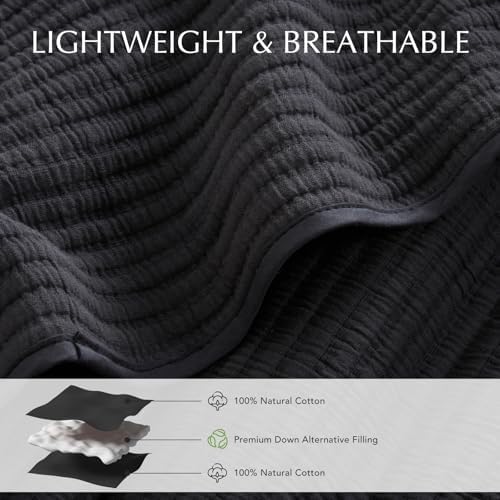 EVERGRACEHOME Cotton Coverlet Set King 3 Pieces Washed Black