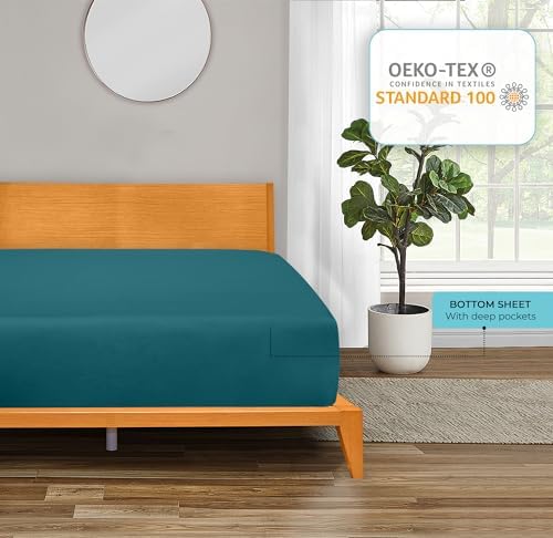 ROYALE LINENS 300 Thread Count King Fitted Sheet - Super Soft Deep Pocket Teal