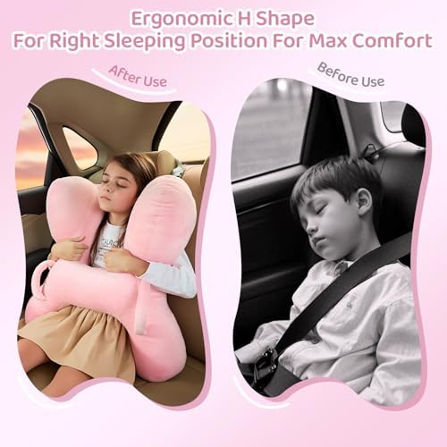 PYURIFAI Kids Car Pillow with Head Support and Handles Pink