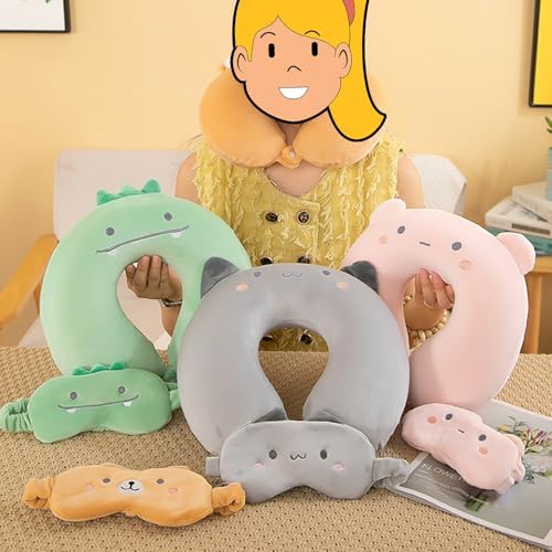 Kids Travel Neck Pillow with Sleep Mask - Grey Cat Design