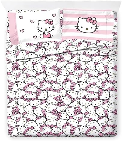Jay Franco Hello Kitty Pink Stripes Hearts Sheet Set - 4 Piece Microfiber Bedding