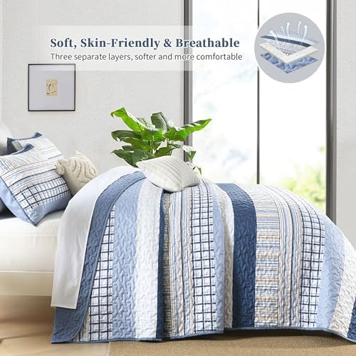 DJY Navy Blue Striped Quilt Set 3 Piece Queen Size