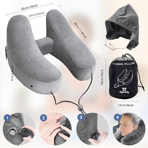 FlyBuddy Inflatable Neck Pillow for Traveling with Travel Bag and Hood - Grey