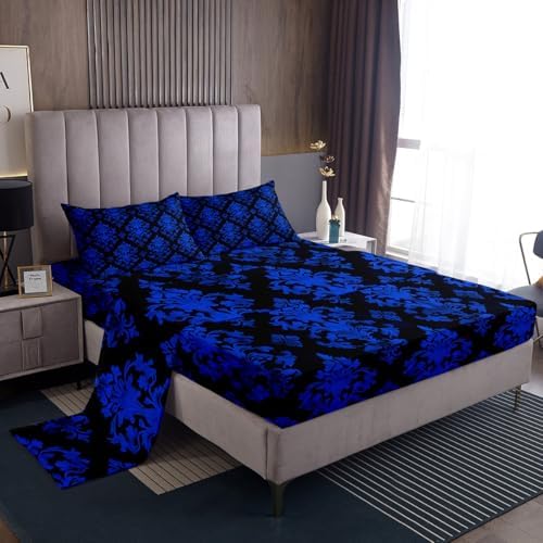 Erosebridal Blue Damask Gothic Bohemian Sheet Set