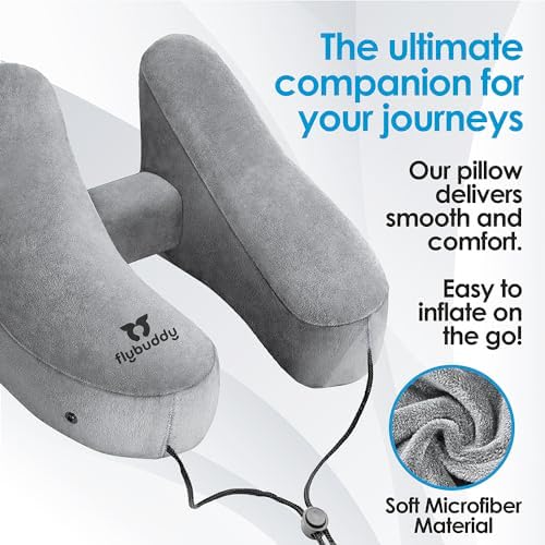 FlyBuddy Inflatable Neck Pillow for Traveling with Travel Bag and Hood - Grey