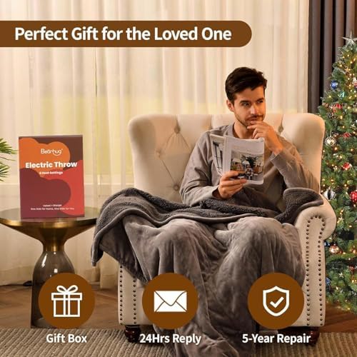 Bearhug Heated Throw Blanket with Dual Controller 62 x 84 Gray-Velvet Sherpa