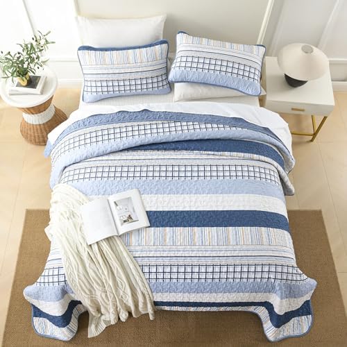 DJY Navy Blue Striped Quilt Set 3 Piece Queen Size