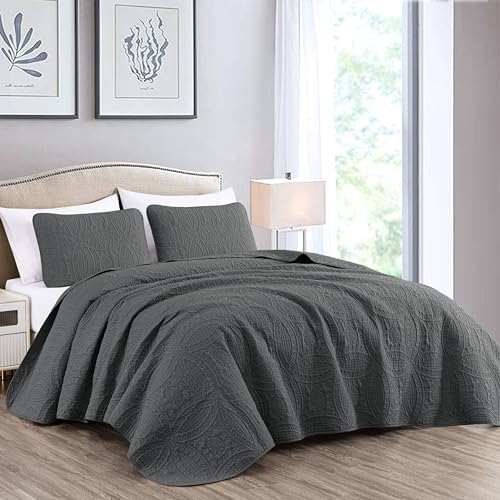 Chezmoi Austin 3-Piece Oversized Bedspread Set Queen Charcoal 1