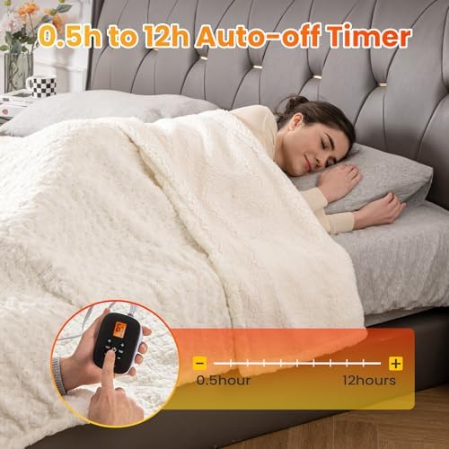 WOOMER 77x84 Electric Heated Blanket with Rose Faux Fur and 4 Heat Levels