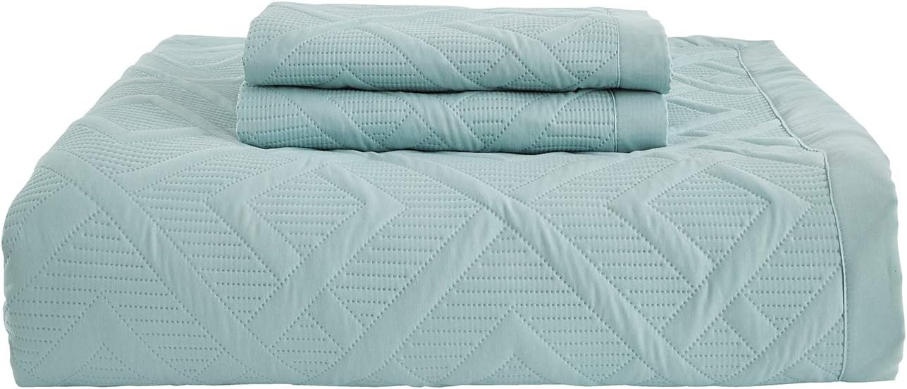 CHIXIN Queen Quilt Set - Geometric Seaglass Pattern Ultrasonic Quilting Reversible 4 Piece
