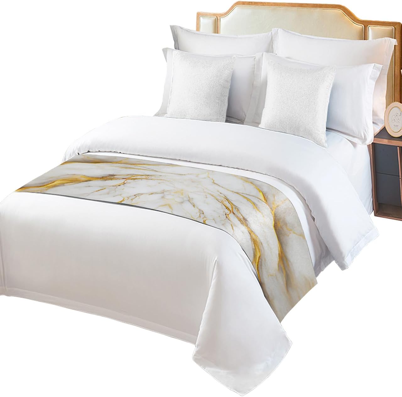 Yukro Bed Runner Scarf - Marble White Grey Golden Abstract Art Texture