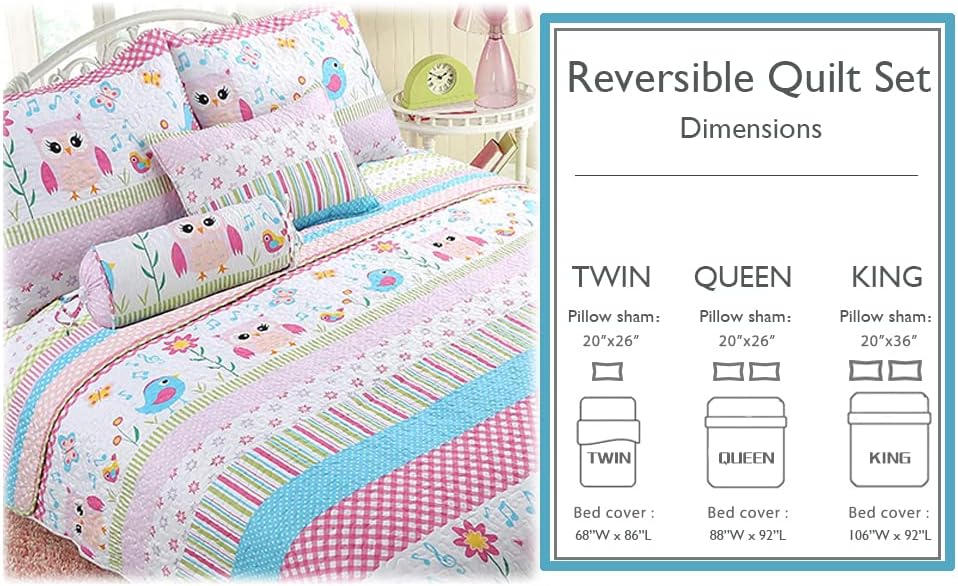Happy Owl Pink Reversible Quilt Bedding Set Twin 2 Piece