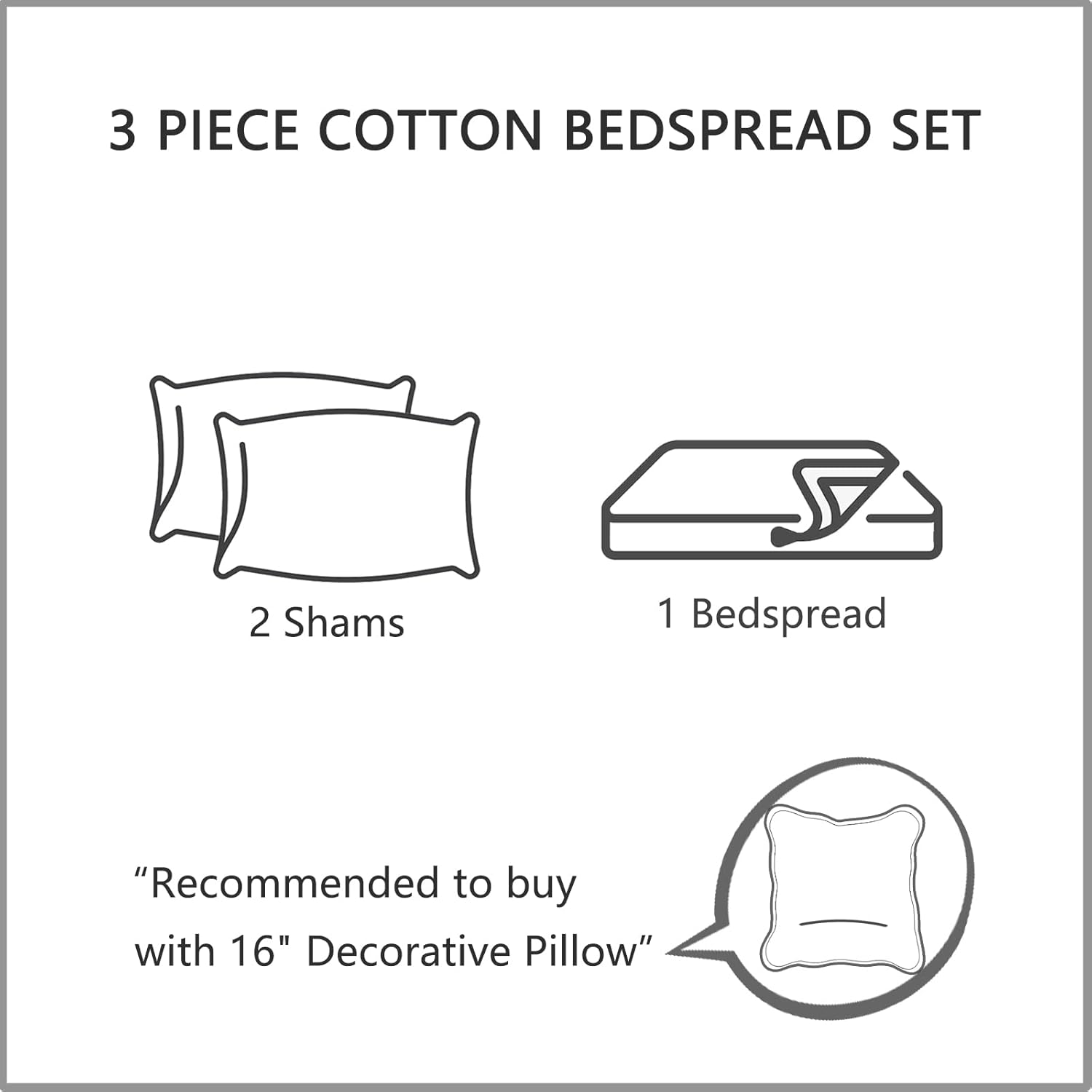CHIXIN Oversized Cotton Bedspread - 3 Piece Set Grey King Size