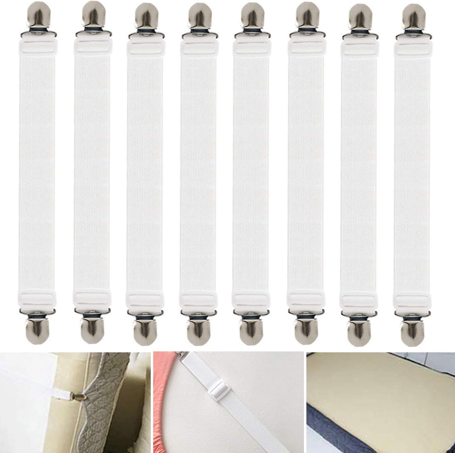 8pcs Adjustable Sheet Straps with Elastic Fasteners - White