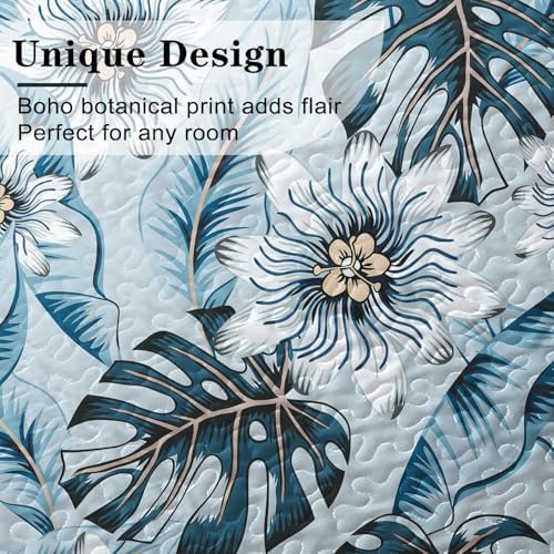 Yogeneg Light Blue Botanical King Quilt Set 3 Piece