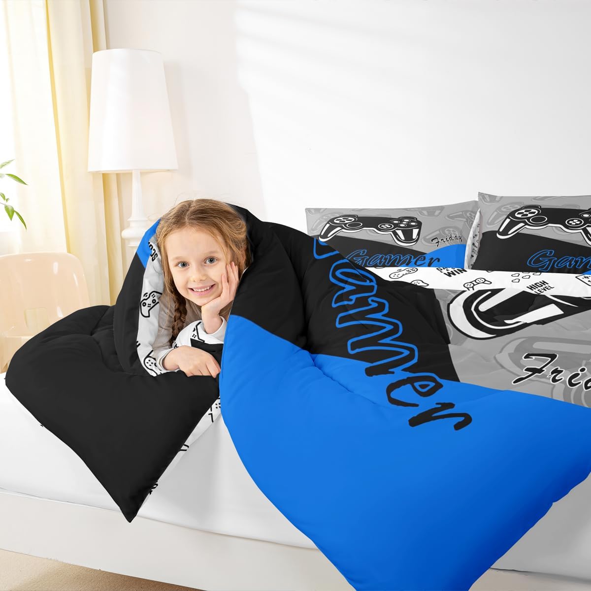 Feelyou Gaming Comforter Set Twin Size Blue Black Grey
